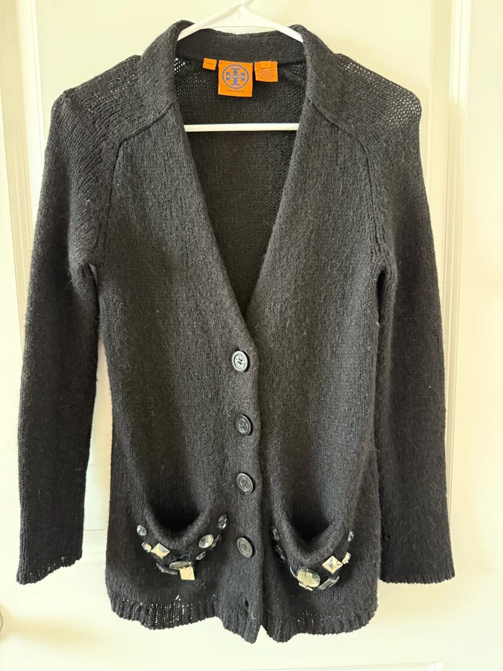 Tory Burch Black Wool-Blend Button Cardigan with Embellished Pockets